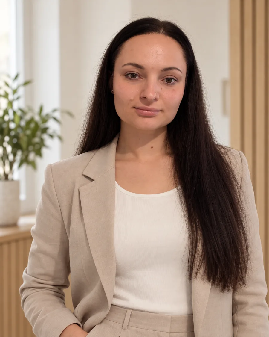 Mariia Gawruk, Inhaberin von M&M Reinigungsservice, in hellem Blazer