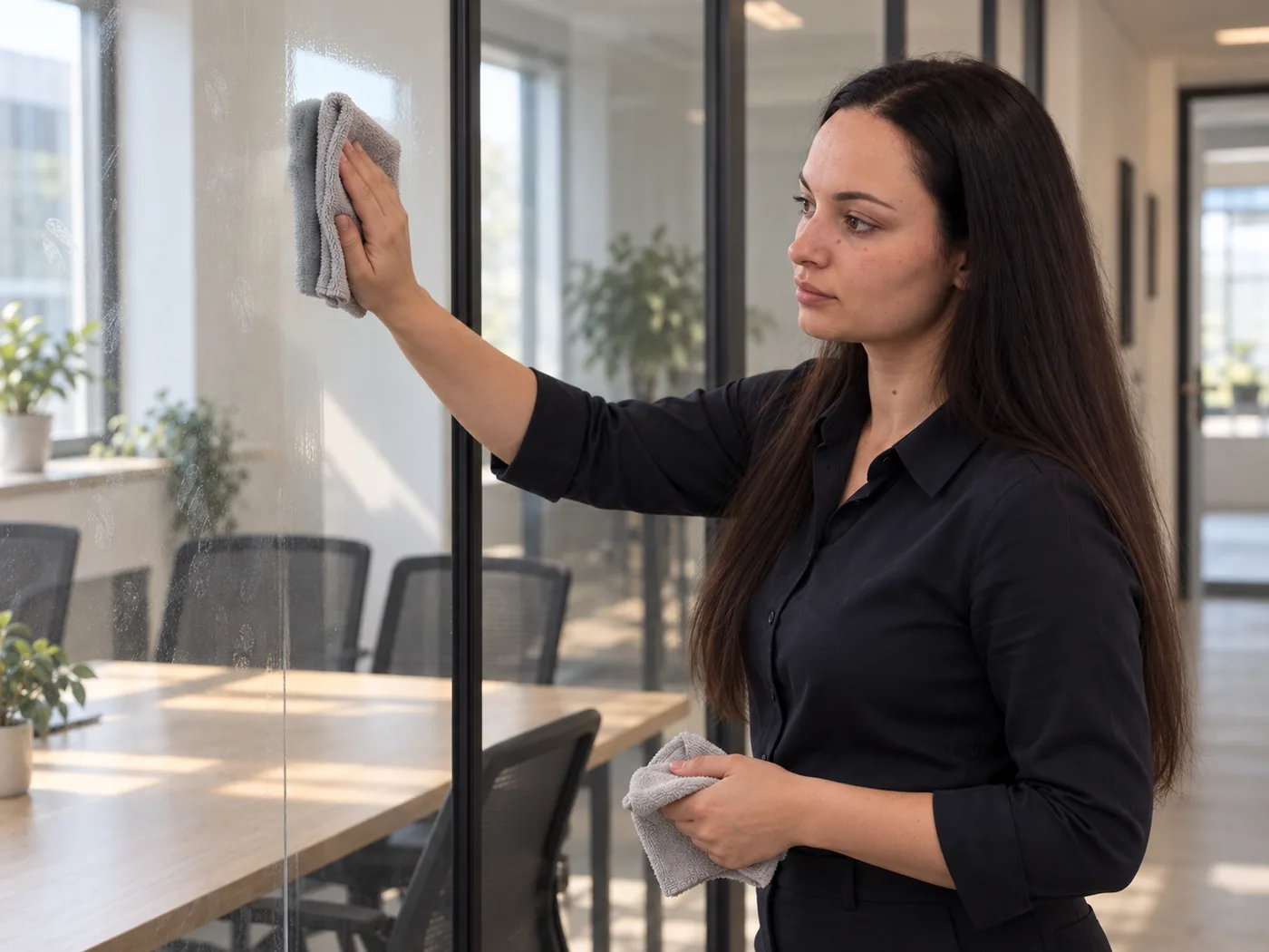 Mariia Gawruk reinigt eine Glaswand bis ins Detail